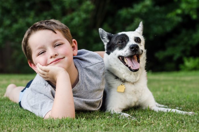 smiling boy laying in the grass with a happy dog